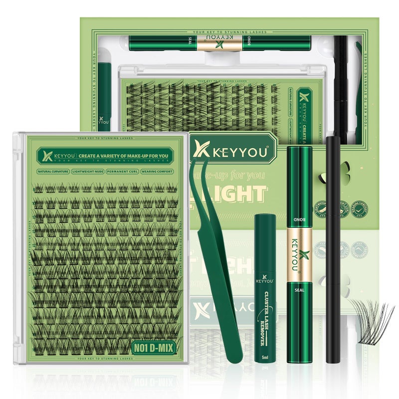 KEYYOU Natural Lash Clusters Kit 144Pcs DIY Lash Extension Kit Wispy Eyelash Extensions Kit D Curl 818MIX with Bond and Seal and tweezers with Thin Lash BandKITN01D818MIX